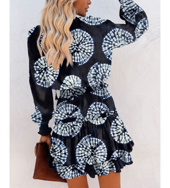 All Over Print ny Waist Long Sleeve Mini Dress