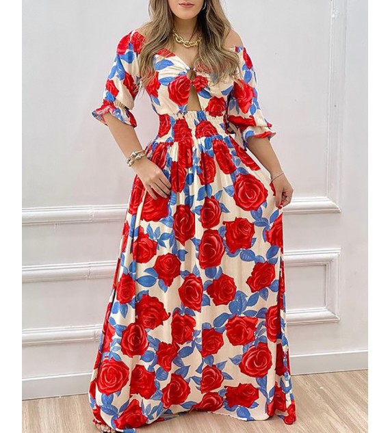 Floral Print Cutout Half Sleeve Maxi Dress