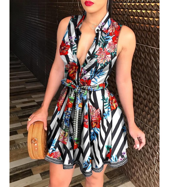 Floral Print Tie Waist Sleeveless Shirt Dress