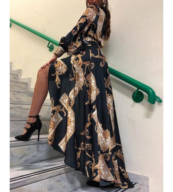 Baroque Print Lantern Sleeve Maxi Dress