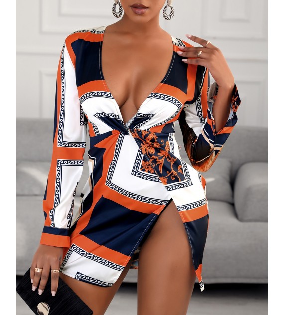 Floral Print Color Twisted Shirt Dress Women
