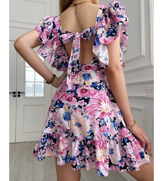 Floral Print Tied Detail Backless Ruched Dress
