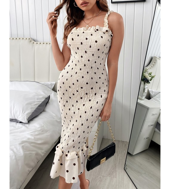 Spaghetti Strap Polkadot Print Shirred Mermaid Dress