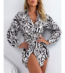 Zebra Stripe Print Long Sleeve Shirt Dress