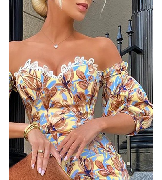 Floral Print Lace Trim Puff Sleeve Dress