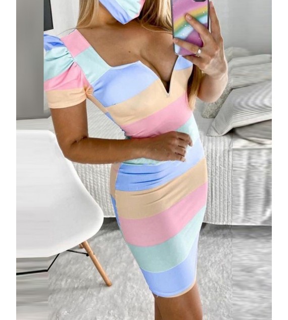 Striped Notched Neck Bodycon Dress