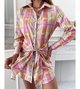 Plaid Print Tied Detail Buttoned Shirt Dress