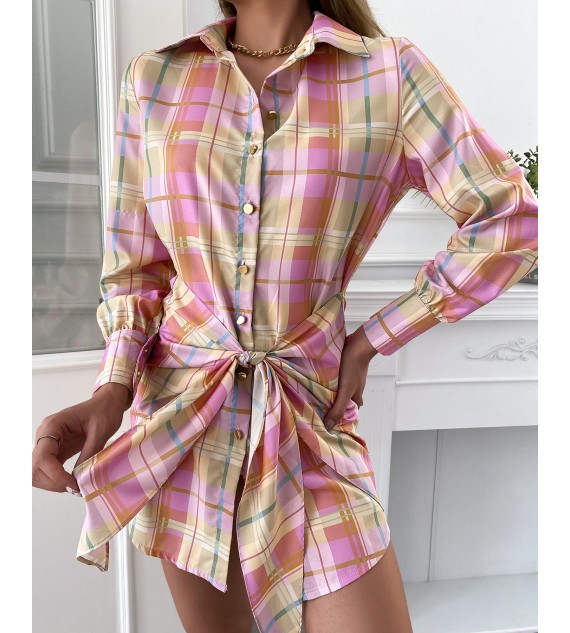 Plaid Print Tied Detail Buttoned Shirt Dress