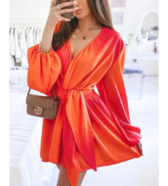 Ombre V-Neck Lantern Sleeve Belted Casual Dress