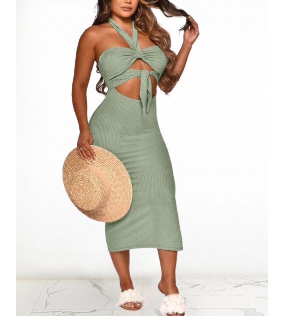 Solid Color Backless Cut-out Halter Sleeveless Knitted Maxi Dress