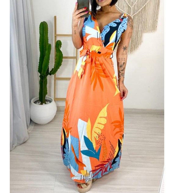 Tropical Print O-Ring Decor Wrap Maxi Dress