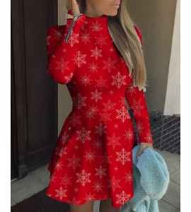 Christmas Snowflake Print Zip Decor Dress1