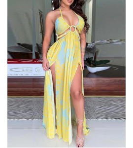 Halter Color High Slit Maxi Dress