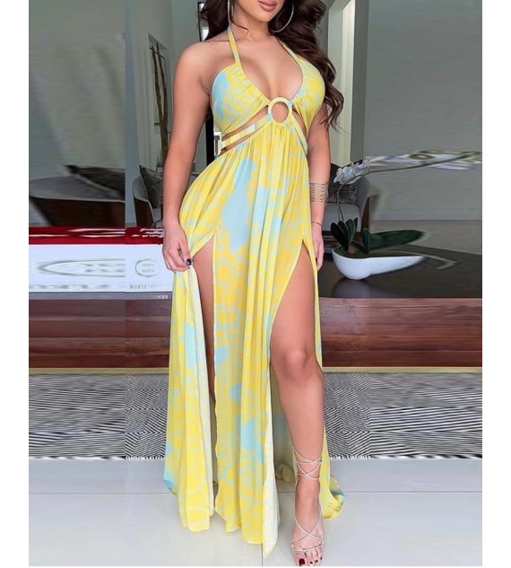 Halter Color High Slit Maxi Dress