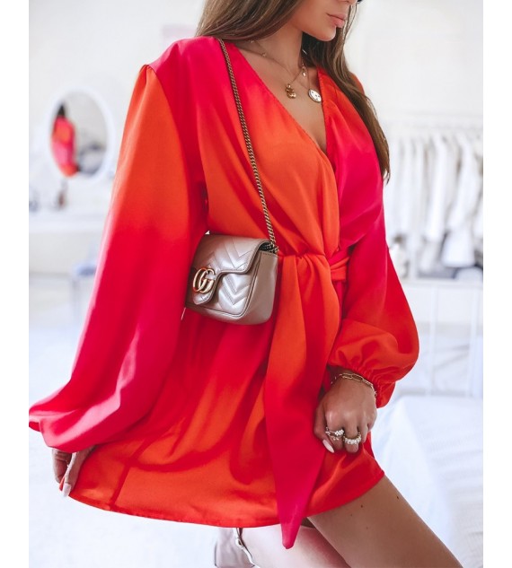 Ombre V-Neck Lantern Sleeve Belted Casual Dress