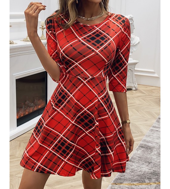 Half Sleeve Plaid Casual Flared Women Dress
