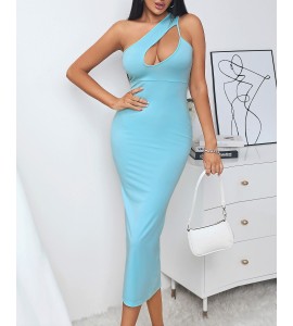 Solid One Shoulder Cutout Bodycon Dress