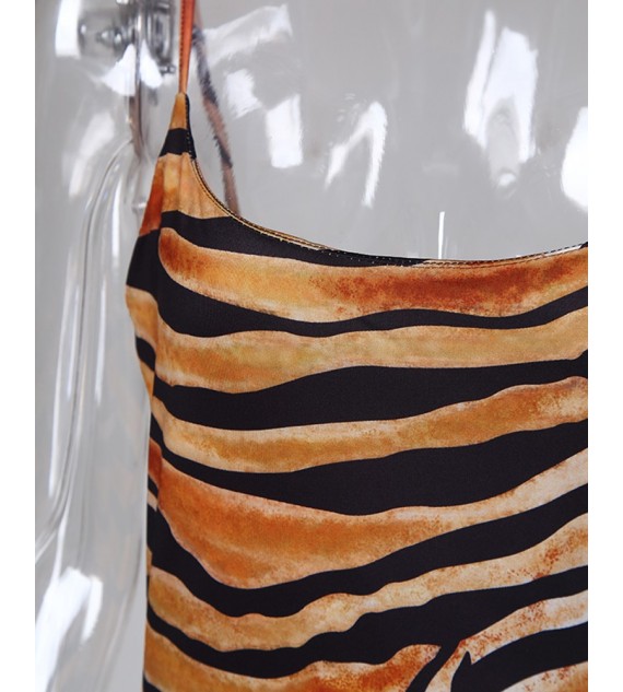 Tiger Print Square Neck Spaghetti Strap Maxi Dress