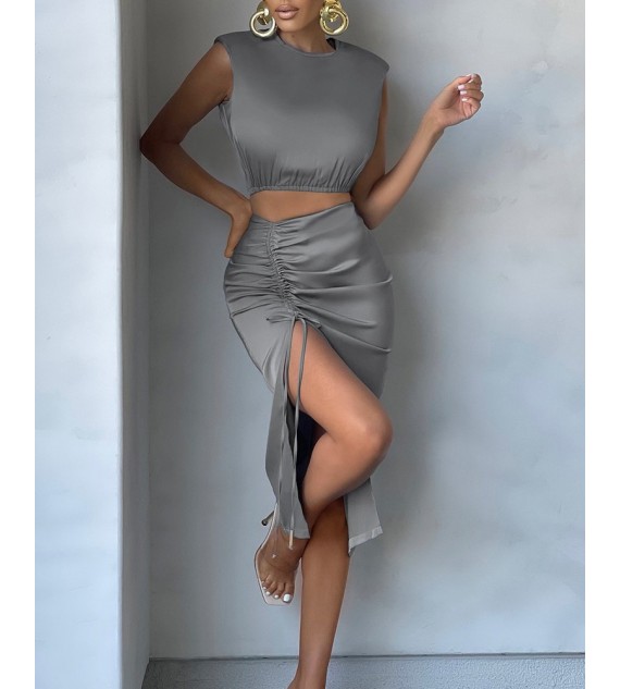 Keyhole Back Crop Tank Top & Drawstring Ruched Split Thigh Skirt Set