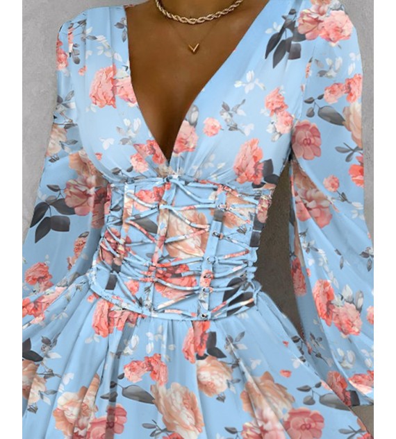 Floral Print V-Neck Lace Up Fold Pleat Dress
