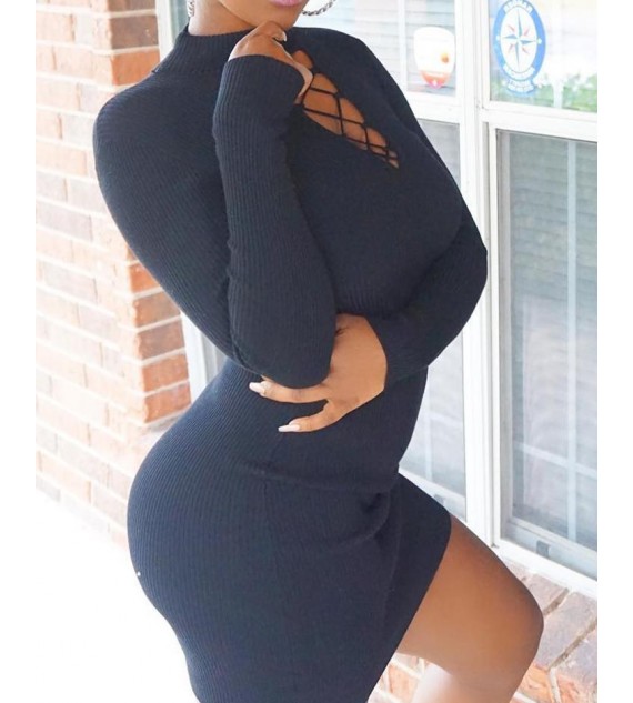 Trendy Lace Up Mock Collar Bodycon Mini Women Dress