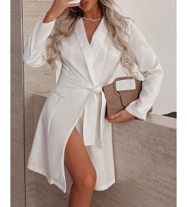 Solid Color Wrap Hem Belted Blazer Dress